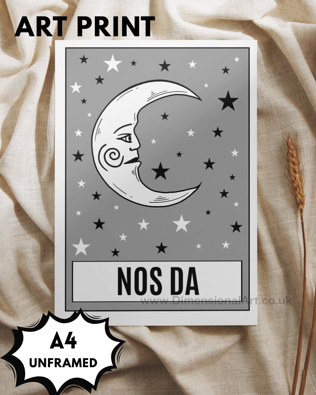 Nos da (Goodnight) A4 Print- grey - Welsh