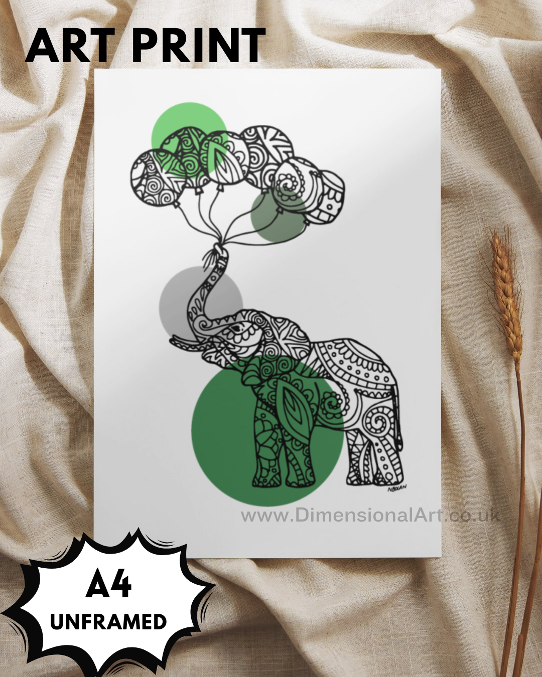 Elephant - green A4 Print