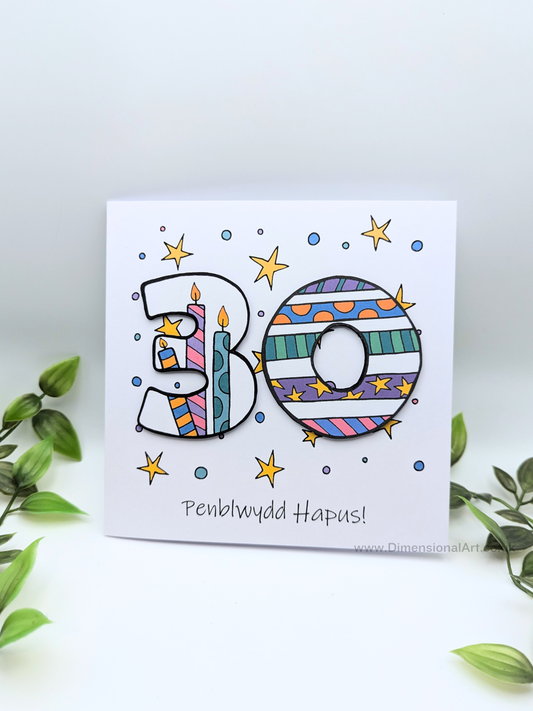 30th Number Candles Penblwydd Hapus (Birthday) Card - Welsh
