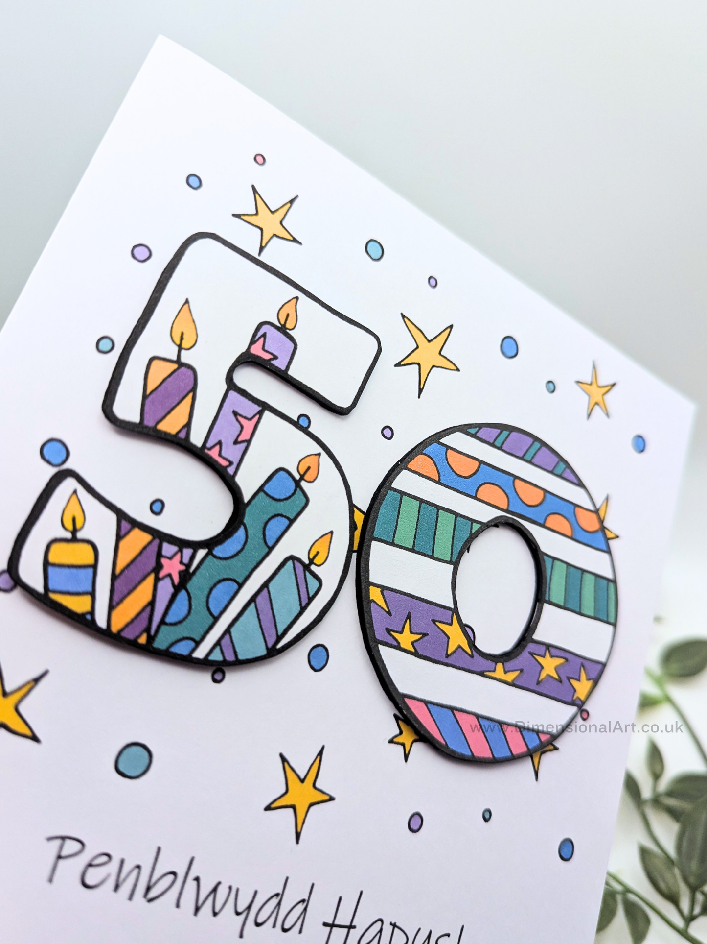 50th Number Candles Penblwydd Hapus (Birthday) Card - Welsh