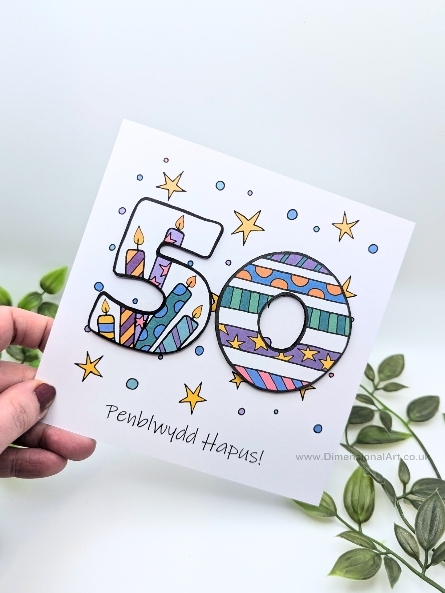 50th Number Candles Penblwydd Hapus (Birthday) Card - Welsh