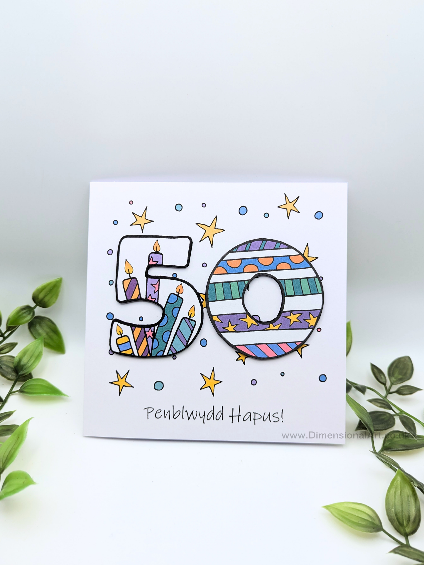 50th Number Candles Penblwydd Hapus (Birthday) Card - Welsh