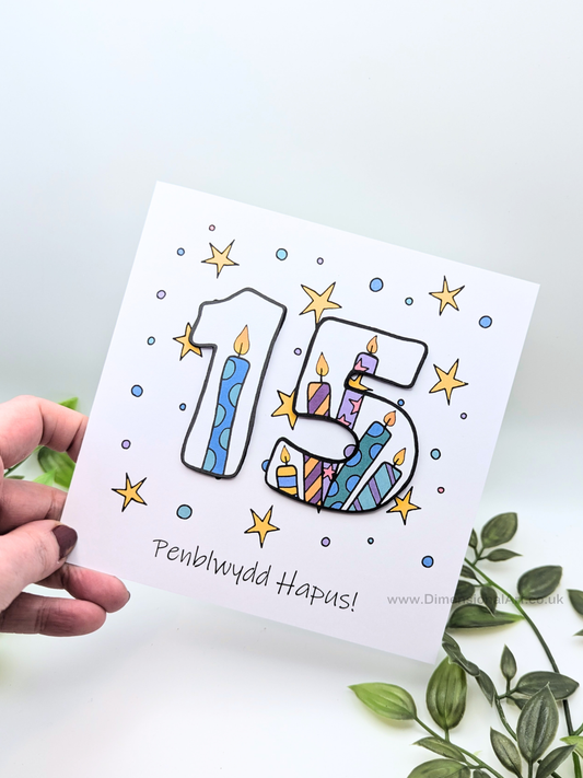 15th Number Candles Penblwydd Hapus (Birthday) Card - Welsh