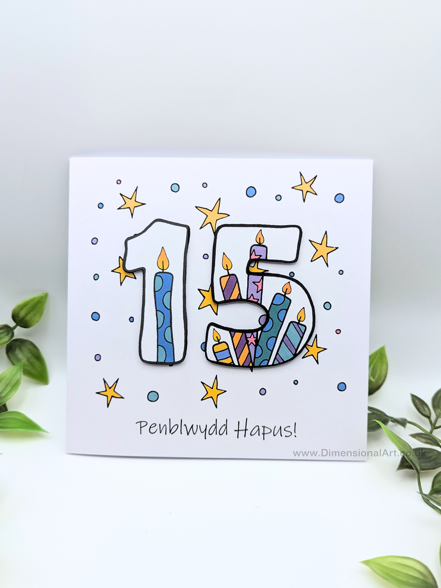 15th Number Candles Penblwydd Hapus (Birthday) Card - Welsh