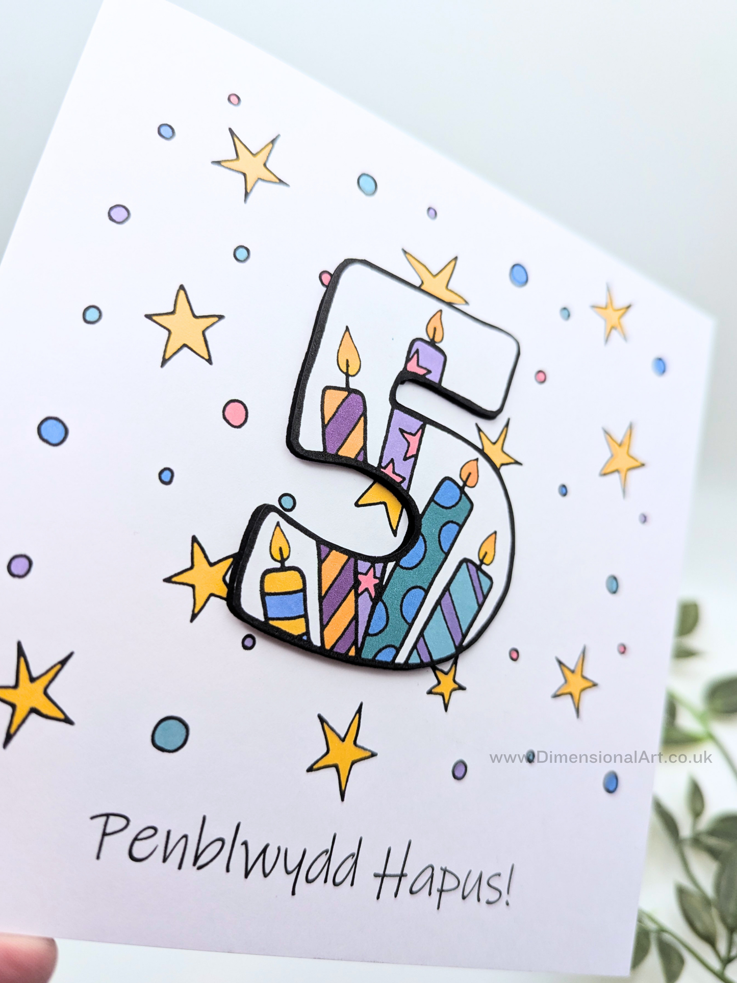 5th Number Candles  Penblwydd Hapus (Birthday) Card - Welsh