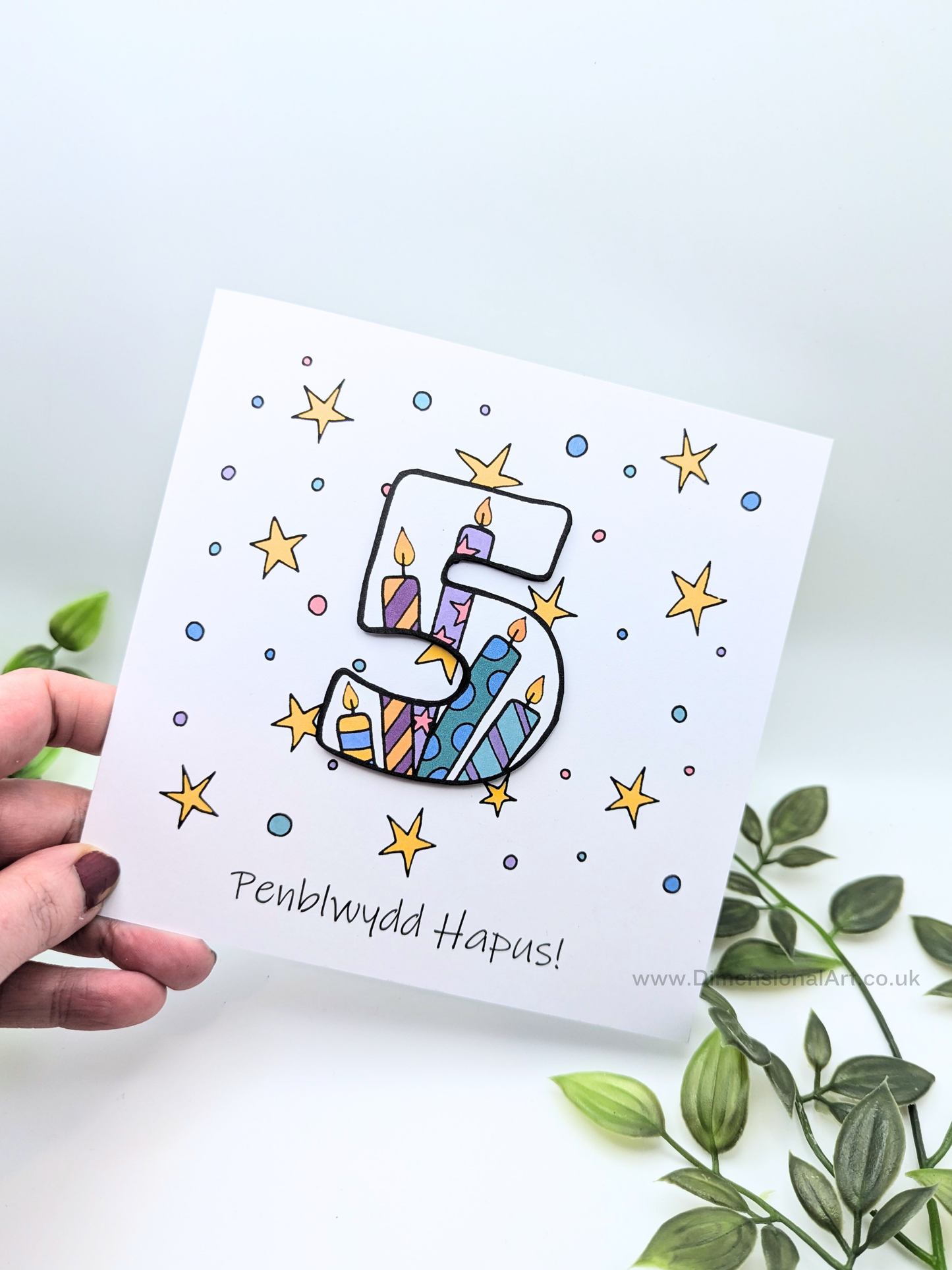 5th Number Candles  Penblwydd Hapus (Birthday) Card - Welsh
