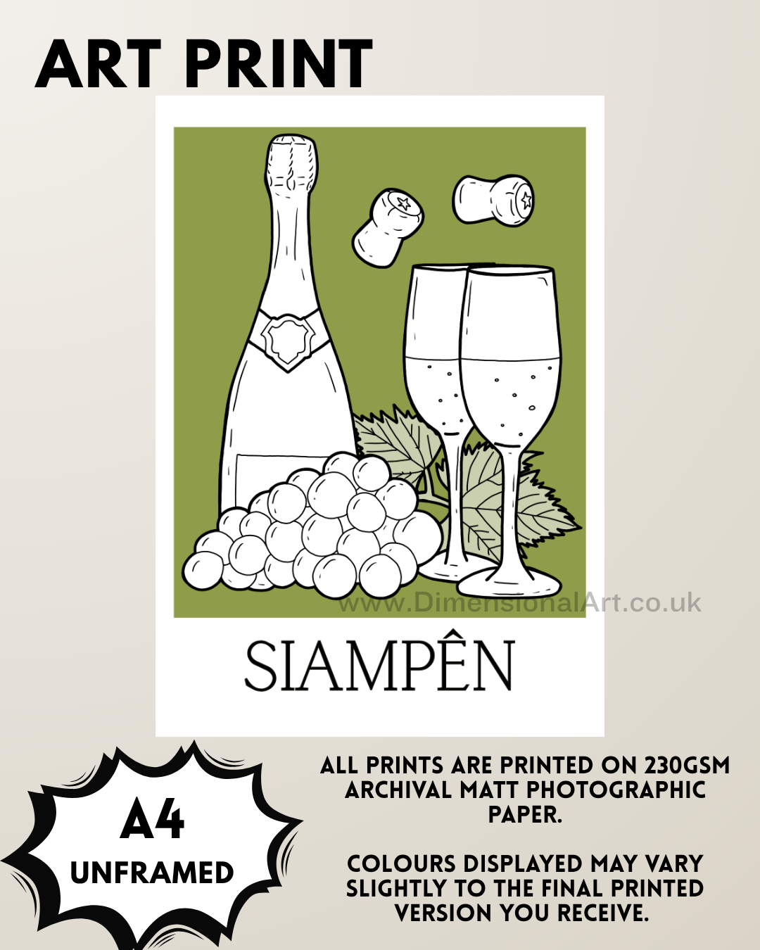 Siampên A4 Welsh Art Print - Champagne