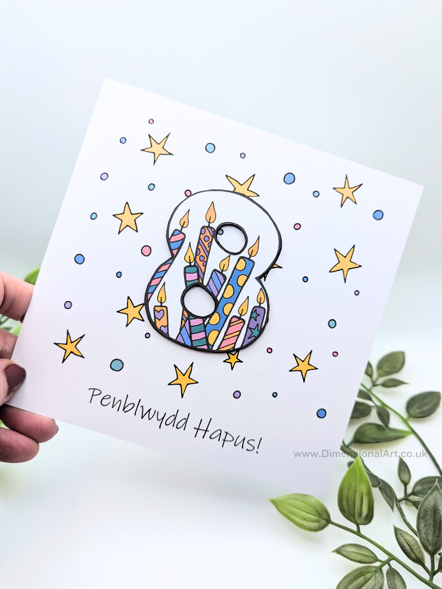 8th Number Candles  Penblwydd Hapus (Birthday) Card - Welsh