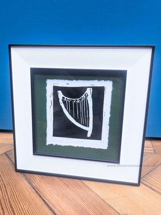 "Harp" Linocut Print on Handmade Paper - FRAMED - Wales