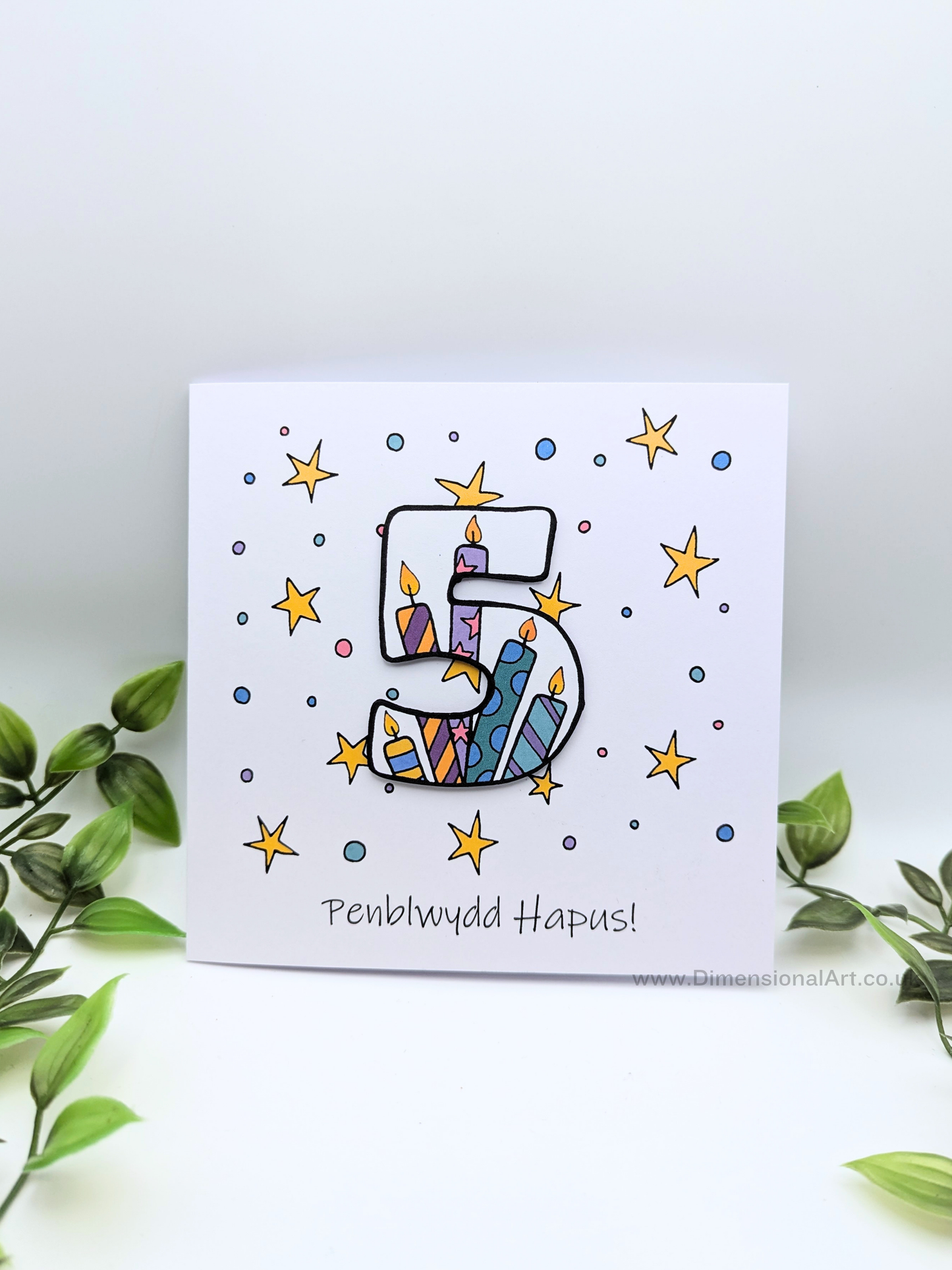 5th Number Candles  Penblwydd Hapus (Birthday) Card - Welsh