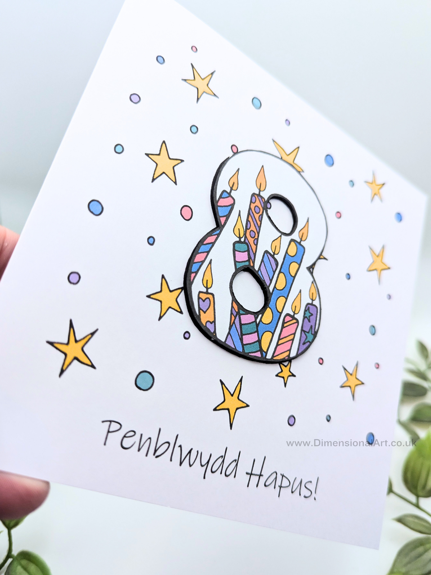 8th Number Candles  Penblwydd Hapus (Birthday) Card - Welsh