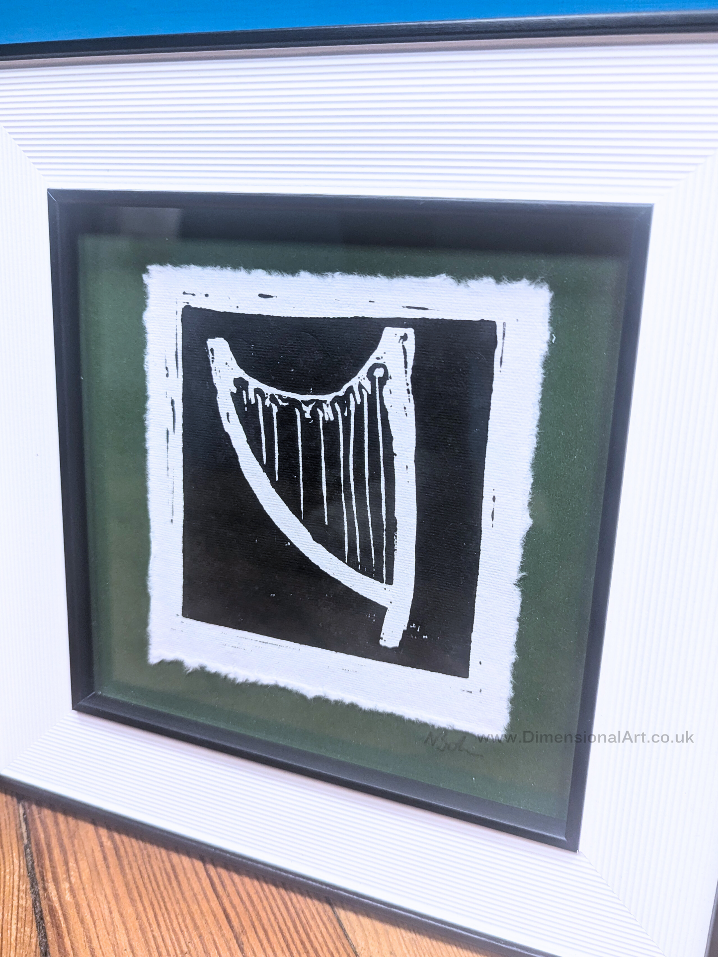 "Harp" Linocut Print on Handmade Paper - FRAMED - Wales