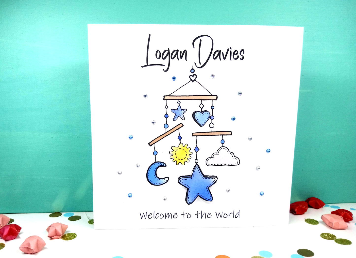 PERSONALISED Welcome to the world - Blue Mobile New Baby Card