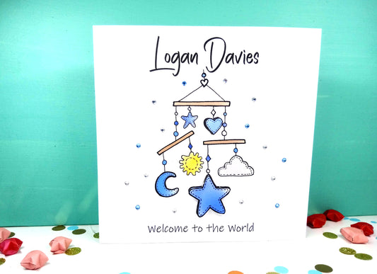 PERSONALISED Welcome to the world - Blue Mobile New Baby Card
