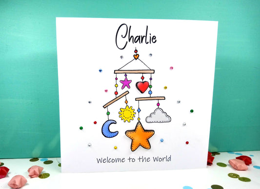 PERSONALISED Welcome to the world - RAINBOW Mobile New Baby Card