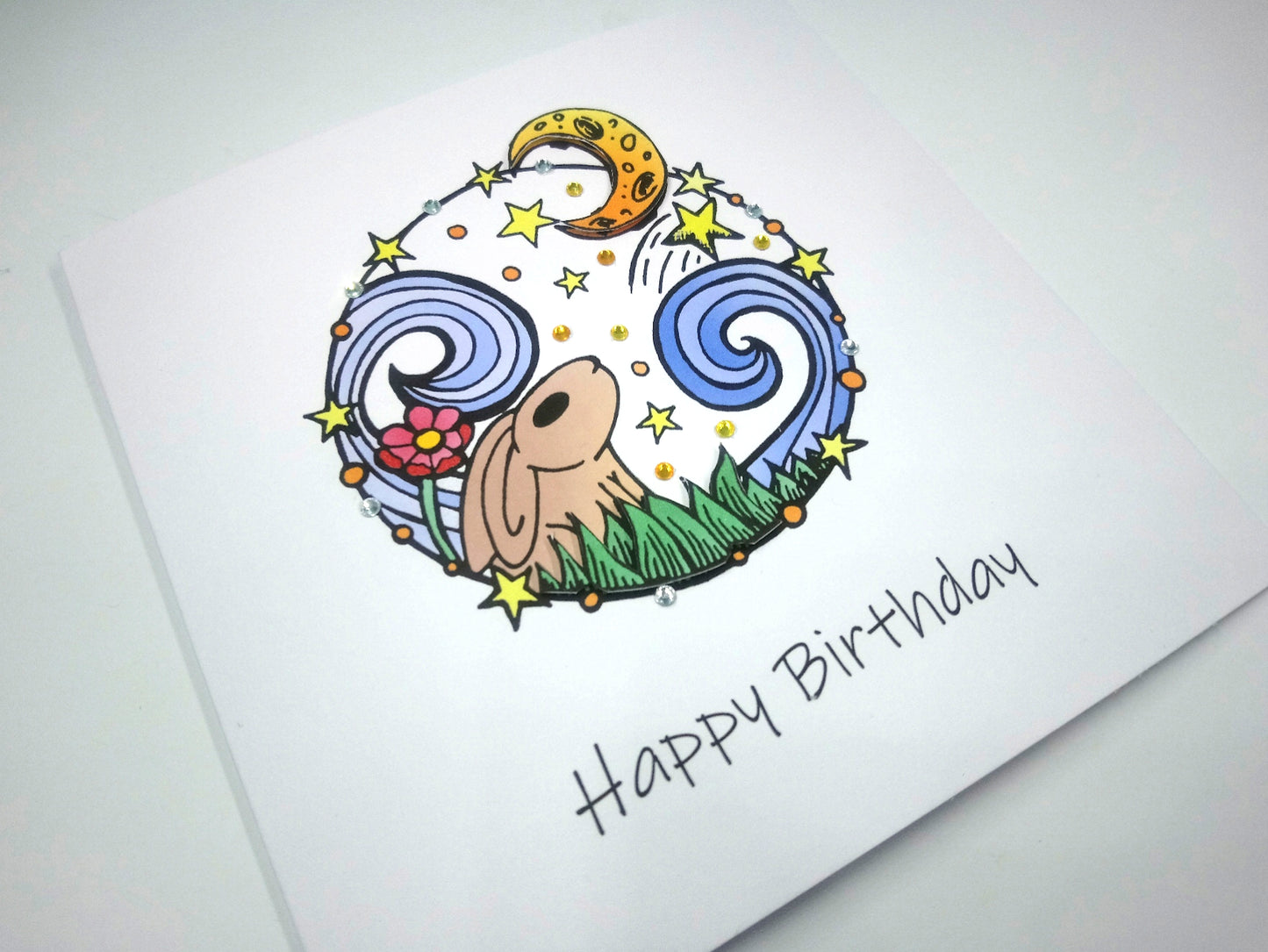 Circle Rabbit Moon Birthday Card