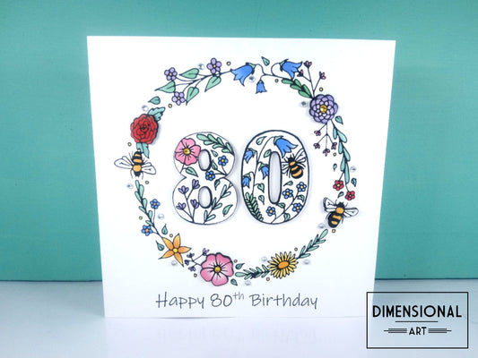 80th Flowers and Bees Birthday Card