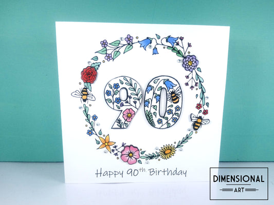 90th Flowers and Bees Birthday Card