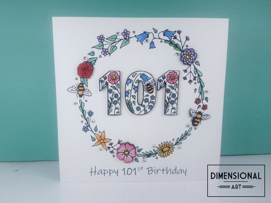 101st Flowers and Bees Birthday Card
