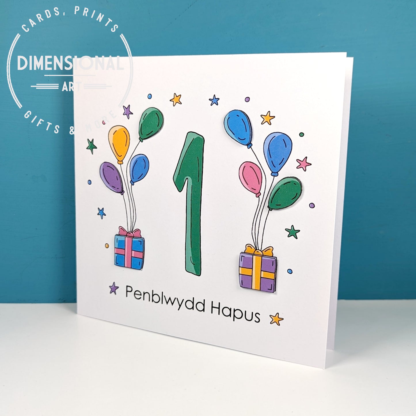 1st balloons and presents Penblwydd Hapus (Birthday) Card - Welsh