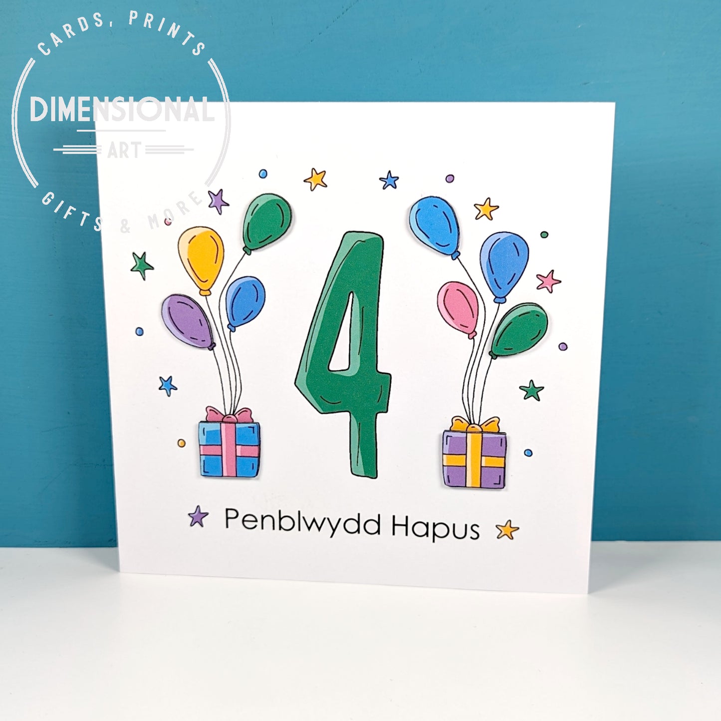 4th balloons and presents Penblwydd Hapus (Birthday) Card - Welsh