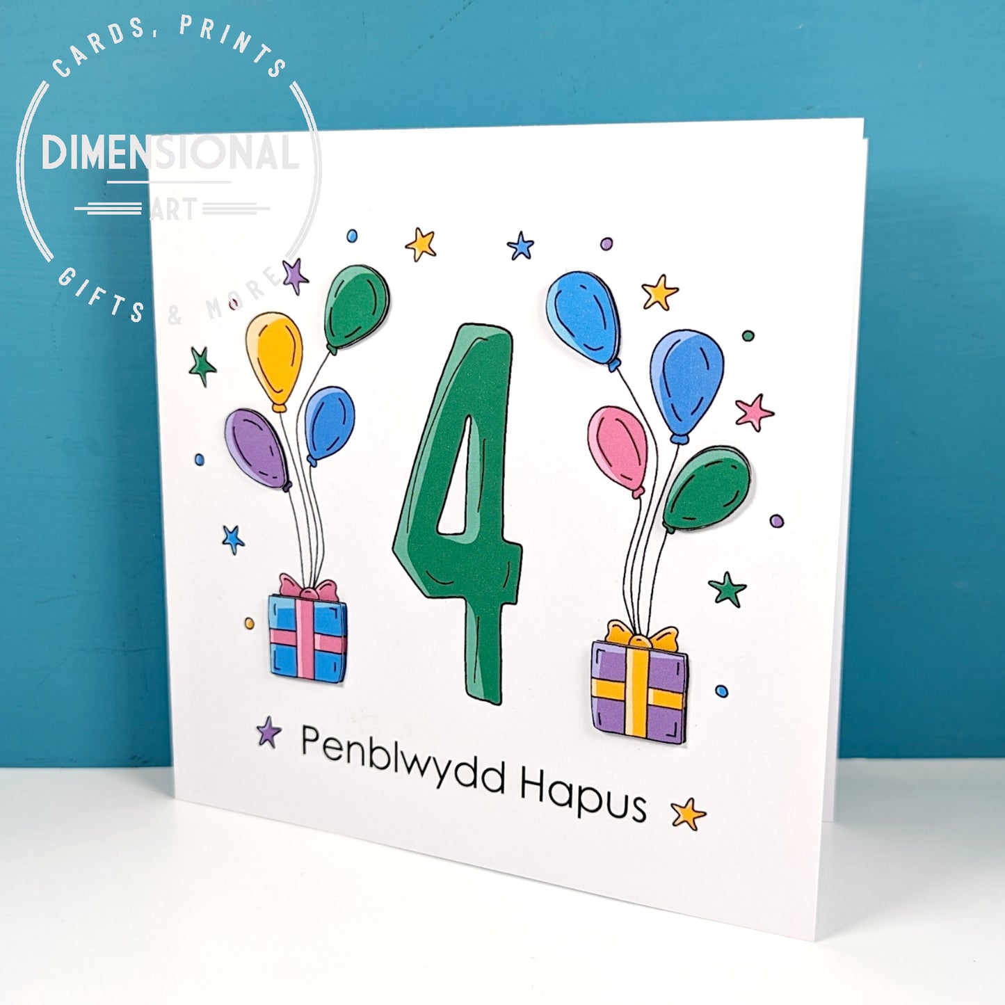 4th balloons and presents Penblwydd Hapus (Birthday) Card - Welsh