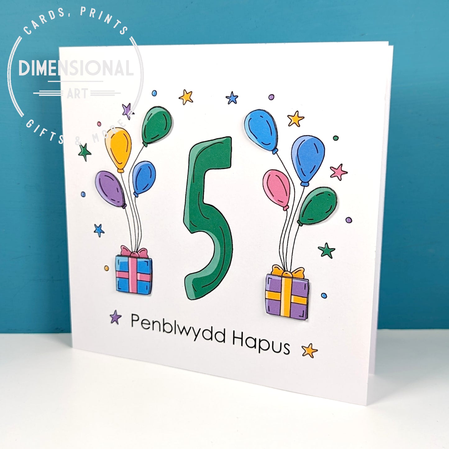 5th balloons and presents Penblwydd Hapus (Birthday) Card - Welsh