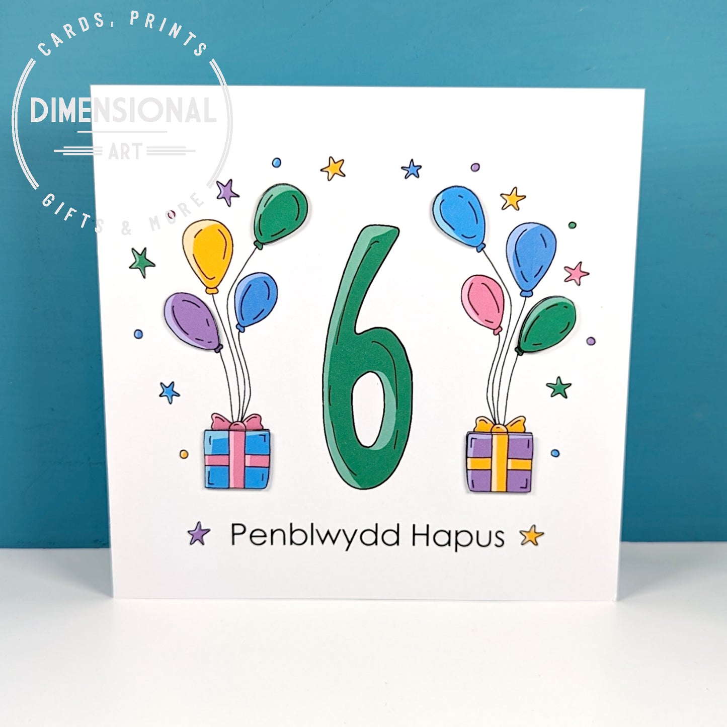 6th balloons and presents Penblwydd Hapus (Birthday) Card - Welsh