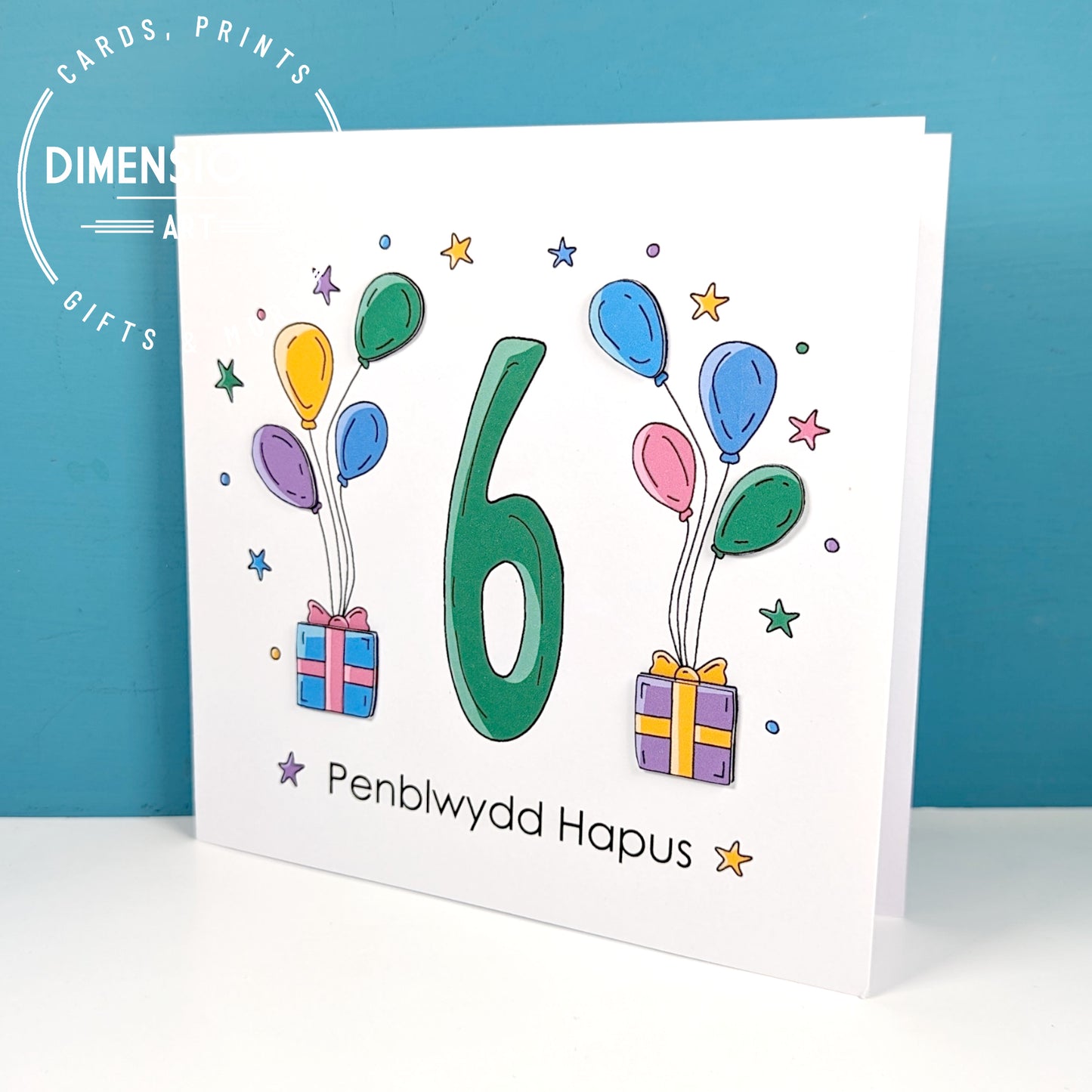 6th balloons and presents Penblwydd Hapus (Birthday) Card - Welsh
