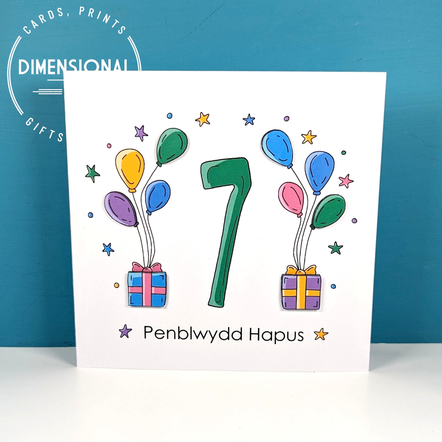 7th balloons and presents Penblwydd Hapus (Birthday) Card - Welsh