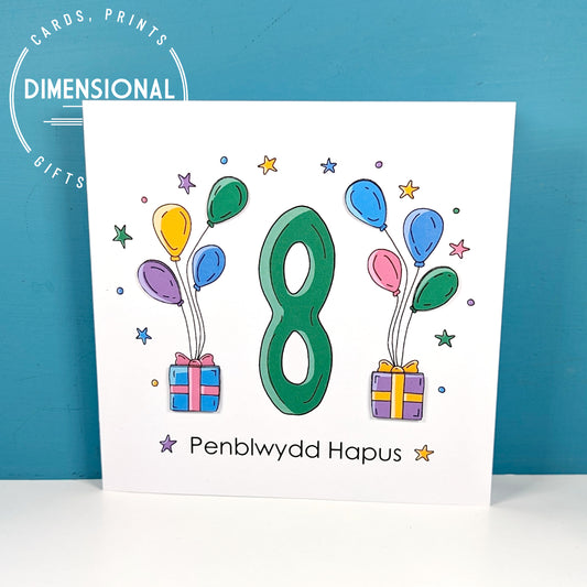 8th balloons and presents Penblwydd Hapus (Birthday) Card - Welsh