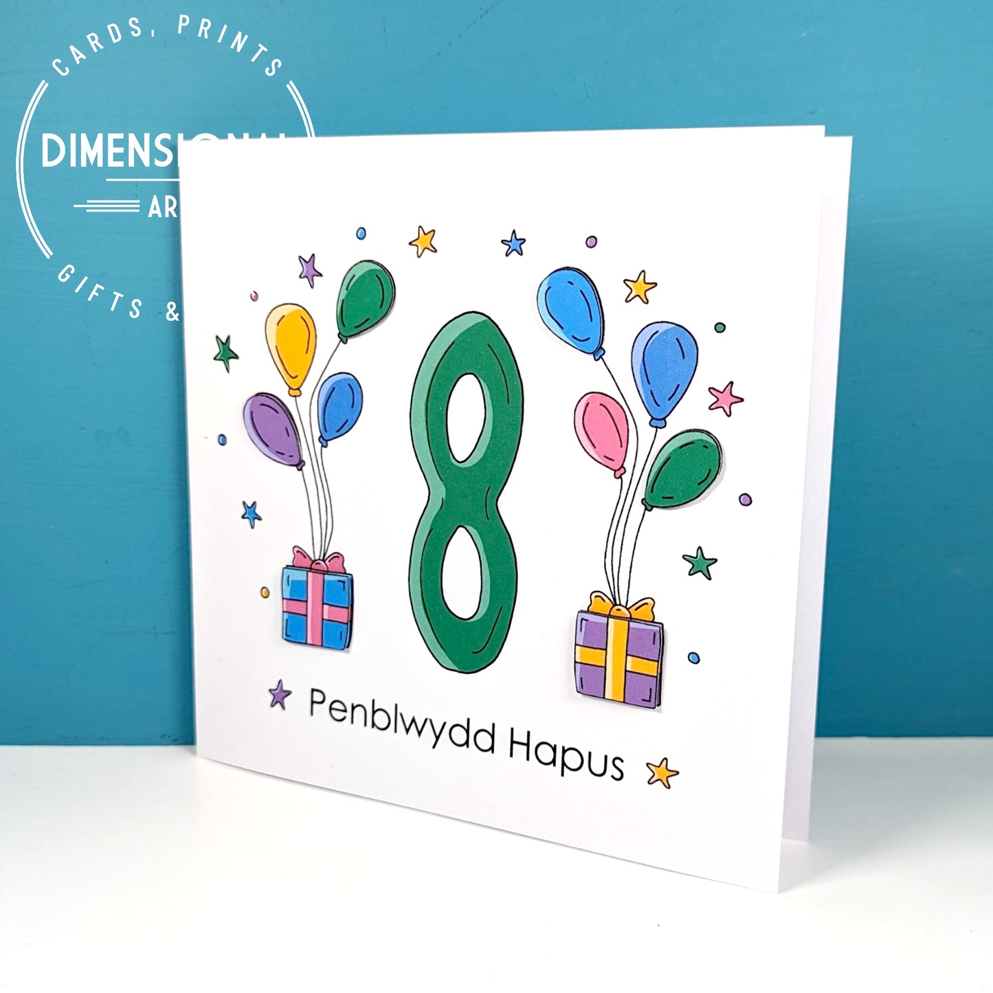 8th balloons and presents Penblwydd Hapus (Birthday) Card - Welsh
