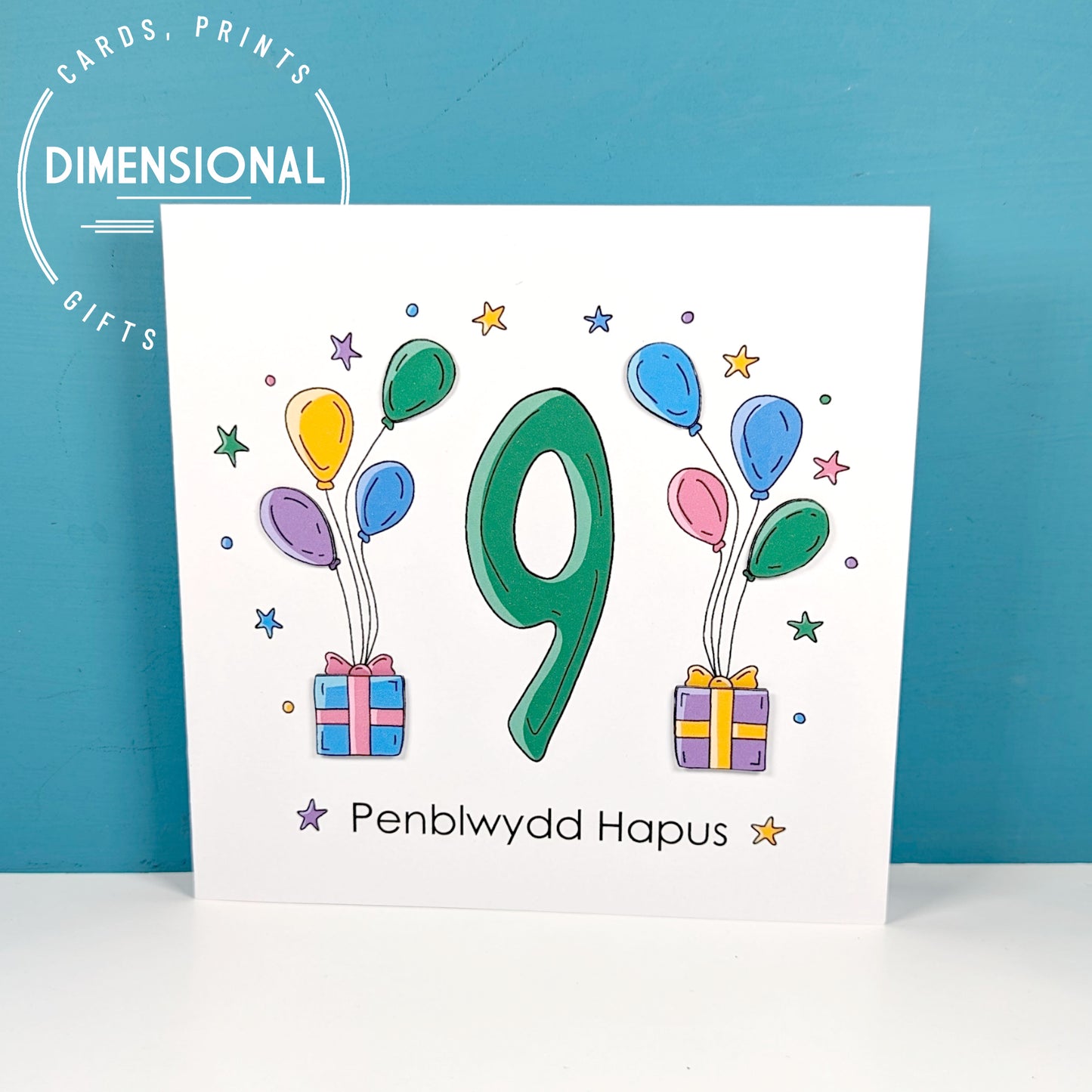 9th balloons and presents Penblwydd Hapus (Birthday) Card - Welsh