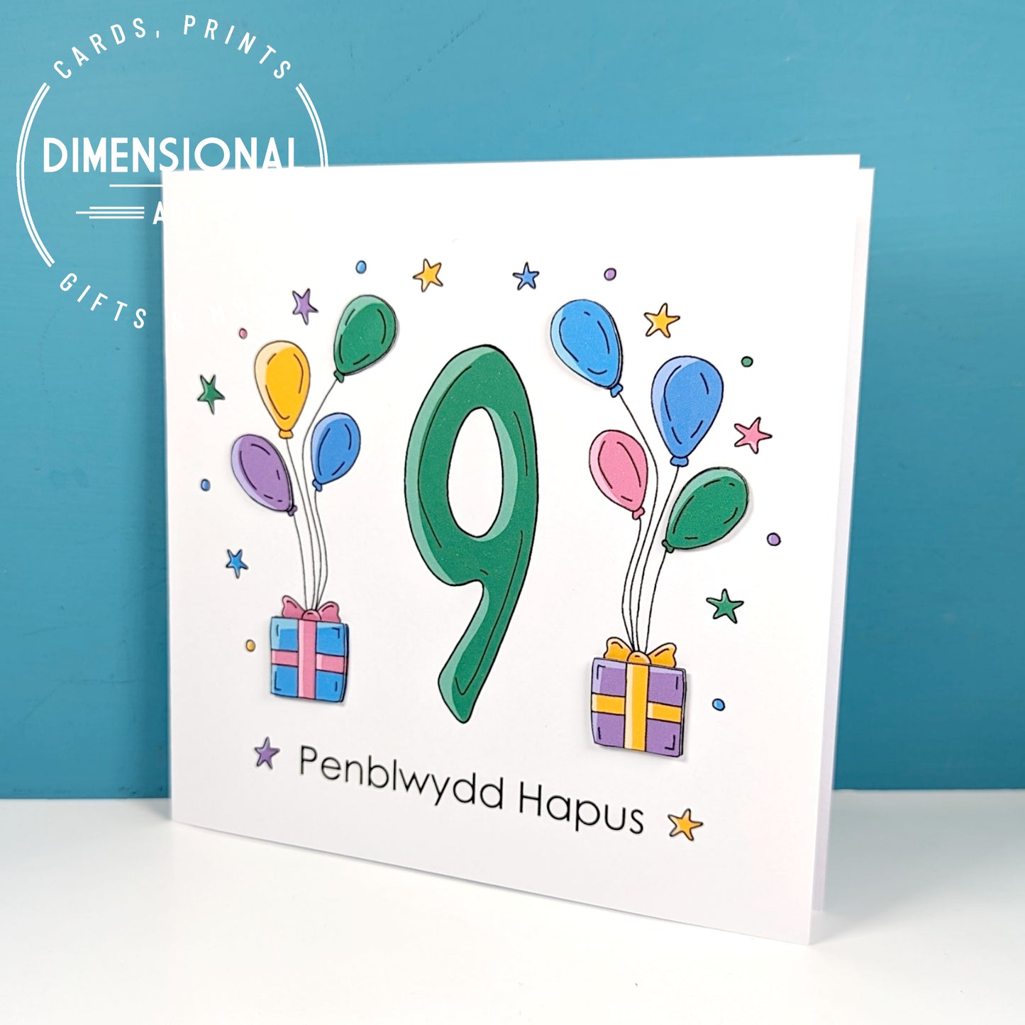 9th balloons and presents Penblwydd Hapus (Birthday) Card - Welsh