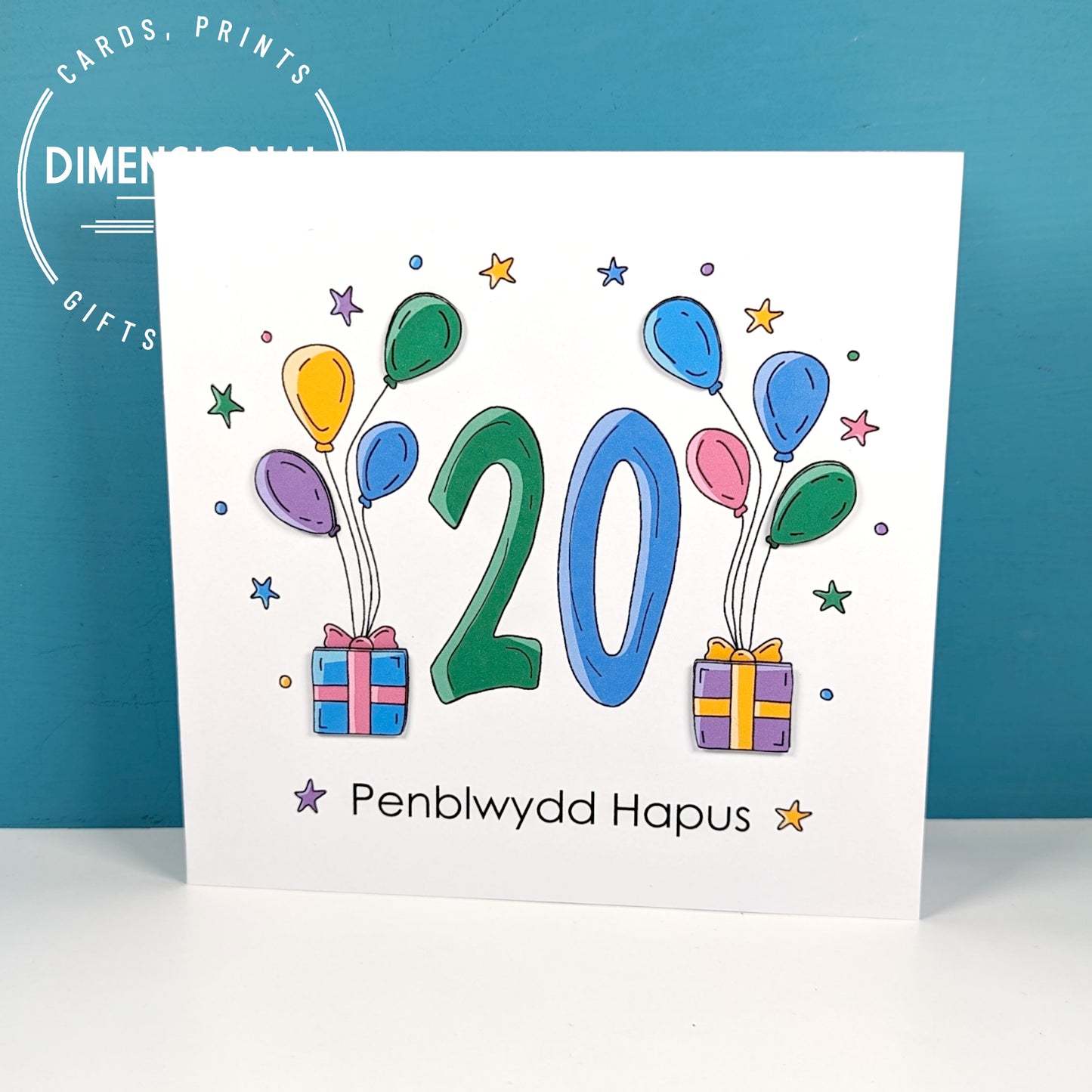 20th balloons and presents Penblwydd Hapus (Birthday) Card - Welsh