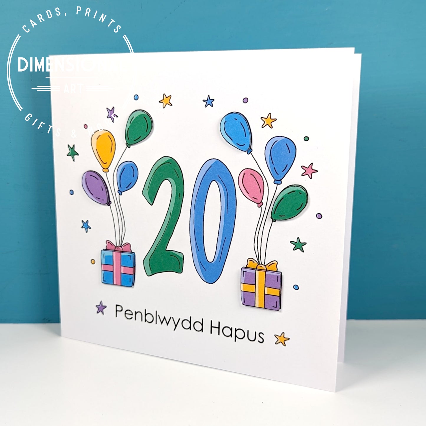 20th balloons and presents Penblwydd Hapus (Birthday) Card - Welsh