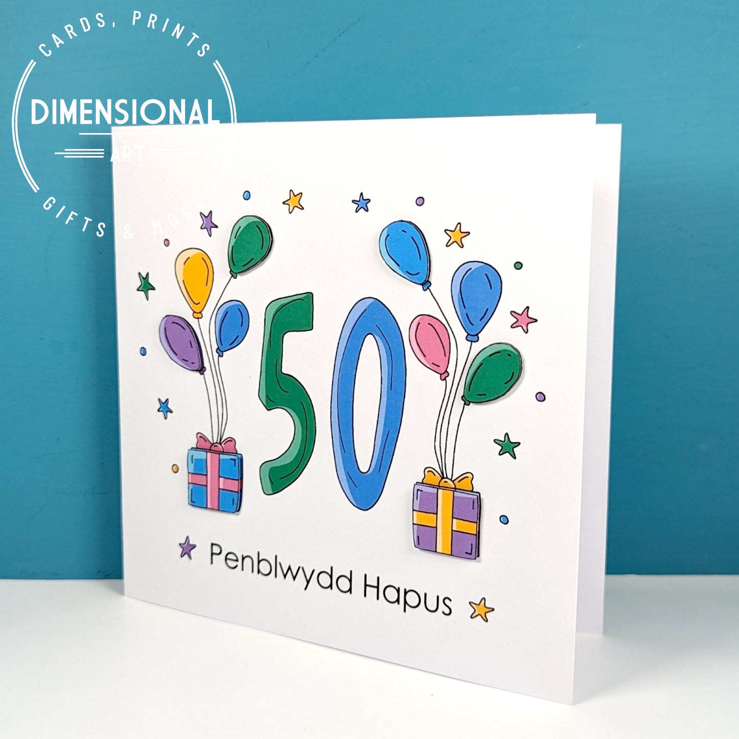 50th balloons and presents Penblwydd Hapus (Birthday) Card - Welsh