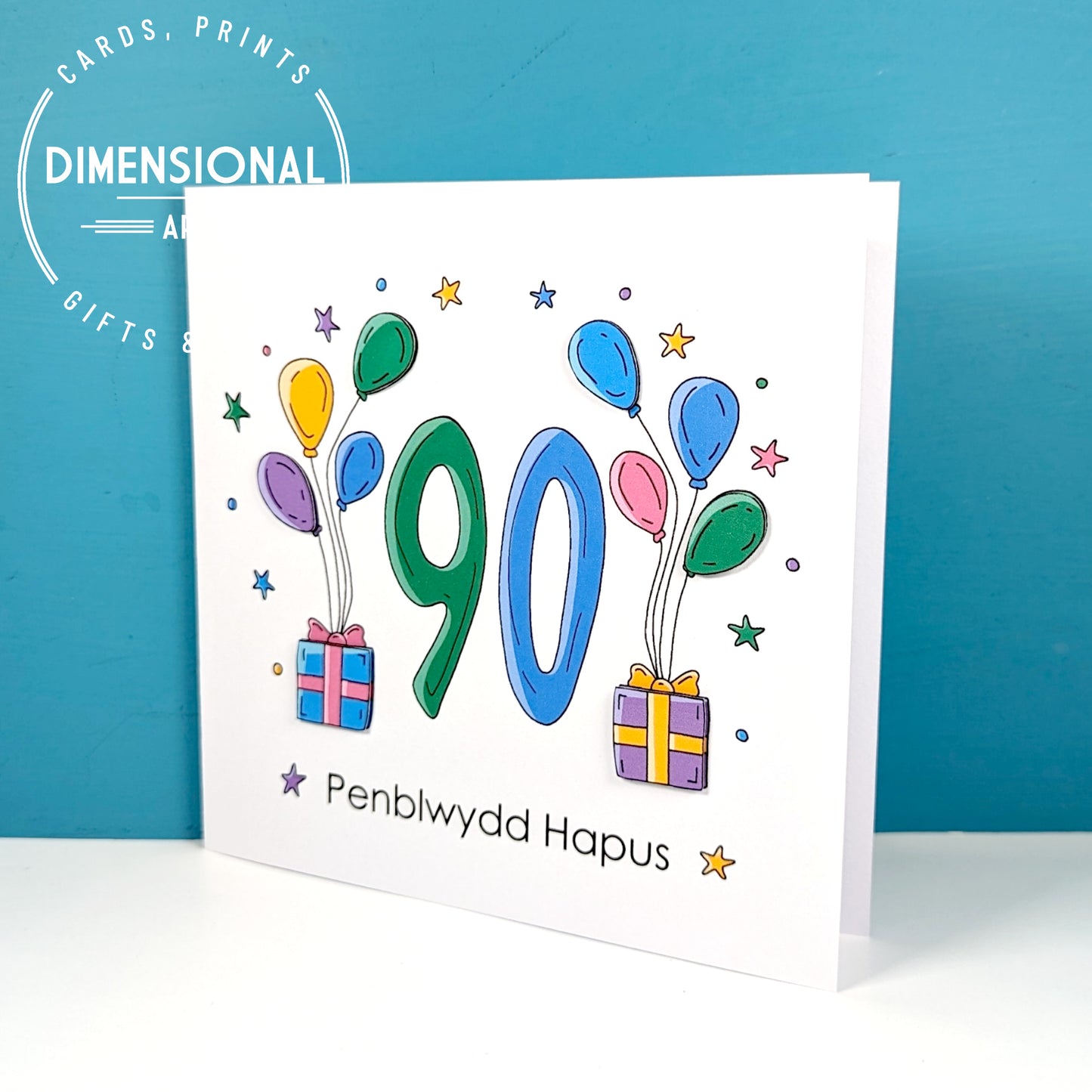 90th balloons and presents Penblwydd Hapus (Birthday) Card - Welsh