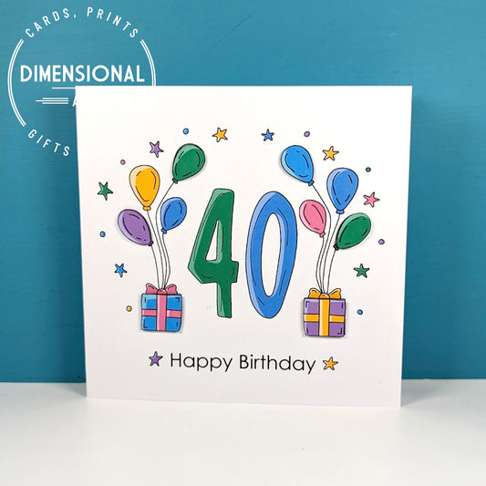 40th balloons and presents Birthday Card