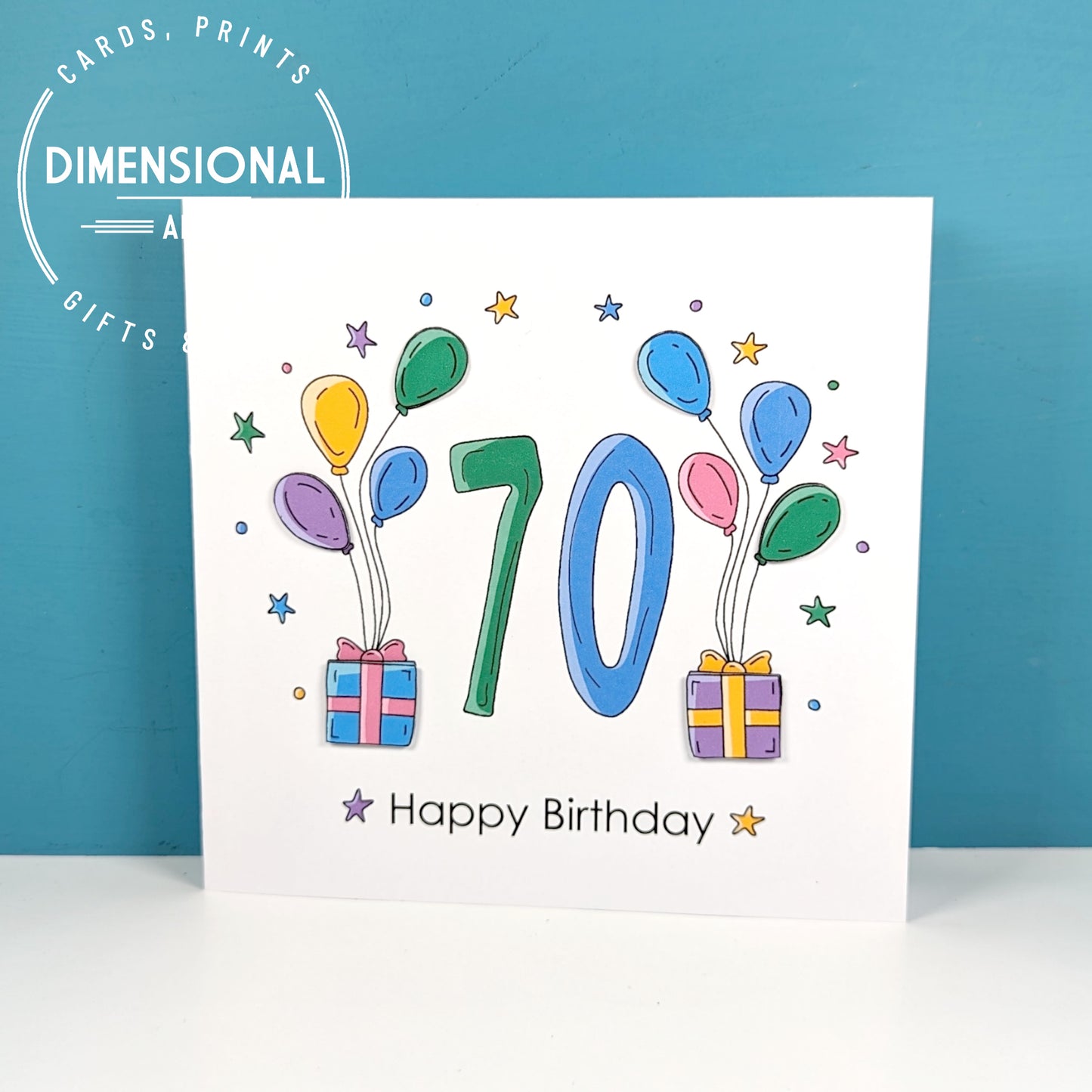 70th balloons and presents Birthday Card