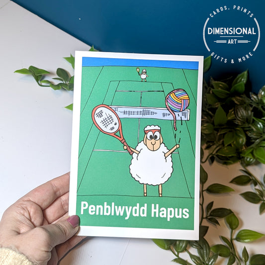 Penblwydd Hapus (Tennis) Sheep (Birthday) Card WELSH