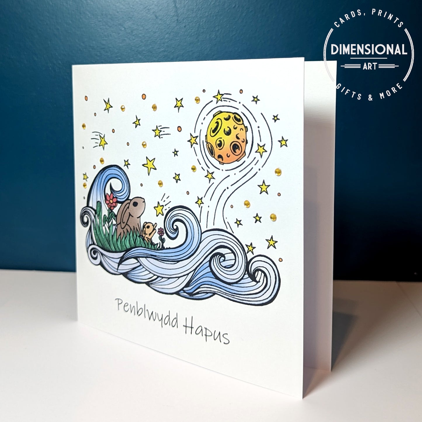 Rabbits and moon Penblwydd Hapus (Birthday Card) - Welsh Card