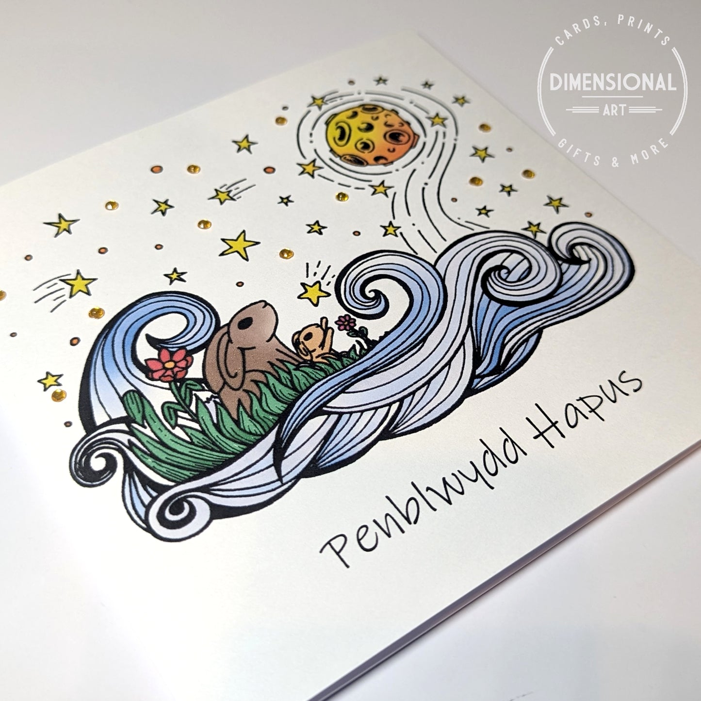 Rabbits and moon Penblwydd Hapus (Birthday Card) - Welsh Card