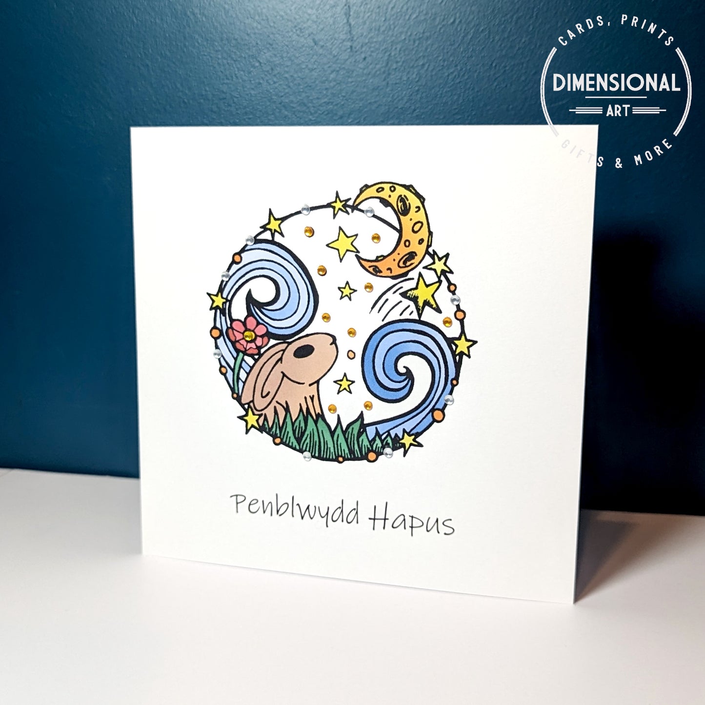 Circle Rabbit Moon Penblwydd Hapus Card - Welsh