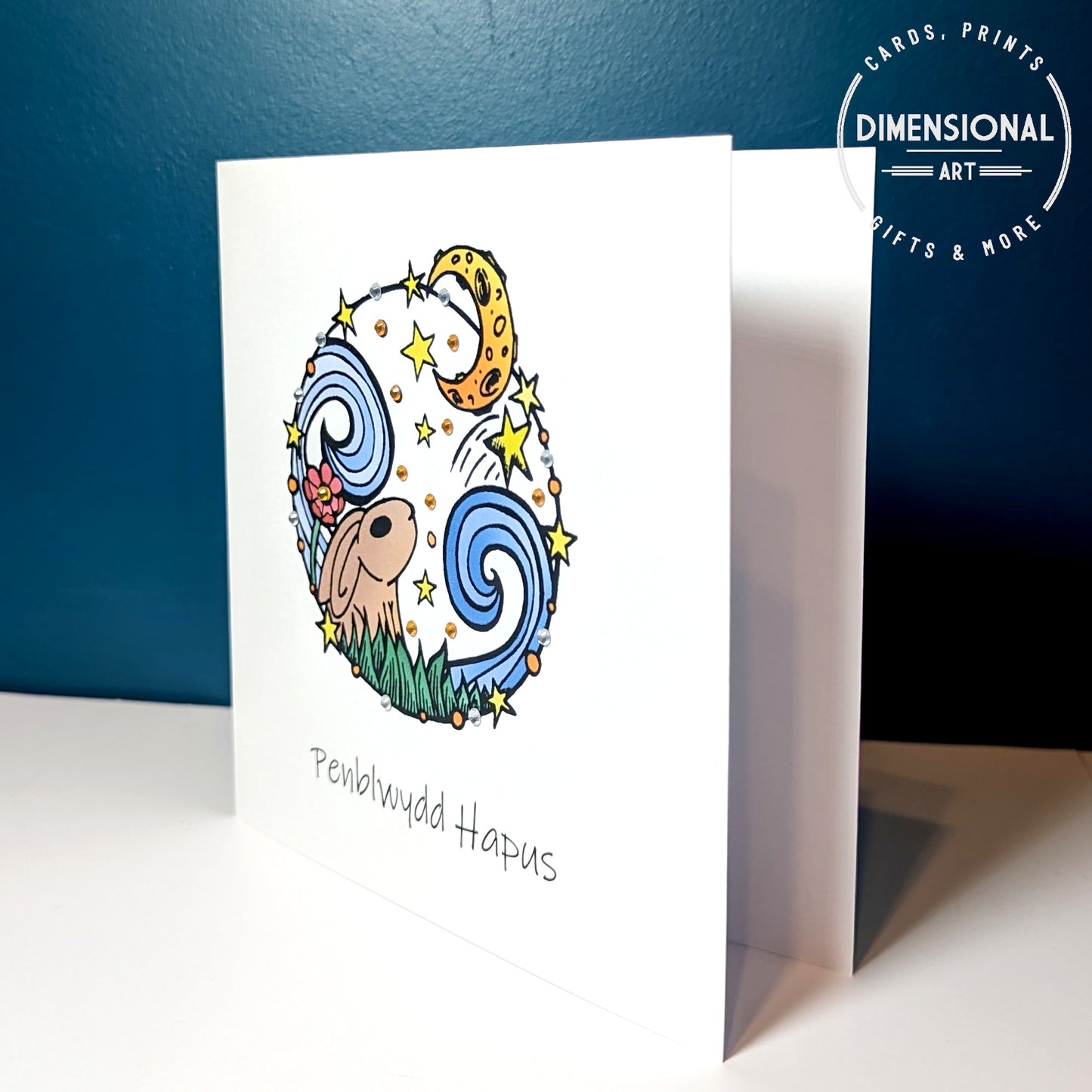 Circle Rabbit Moon Penblwydd Hapus Card - Welsh