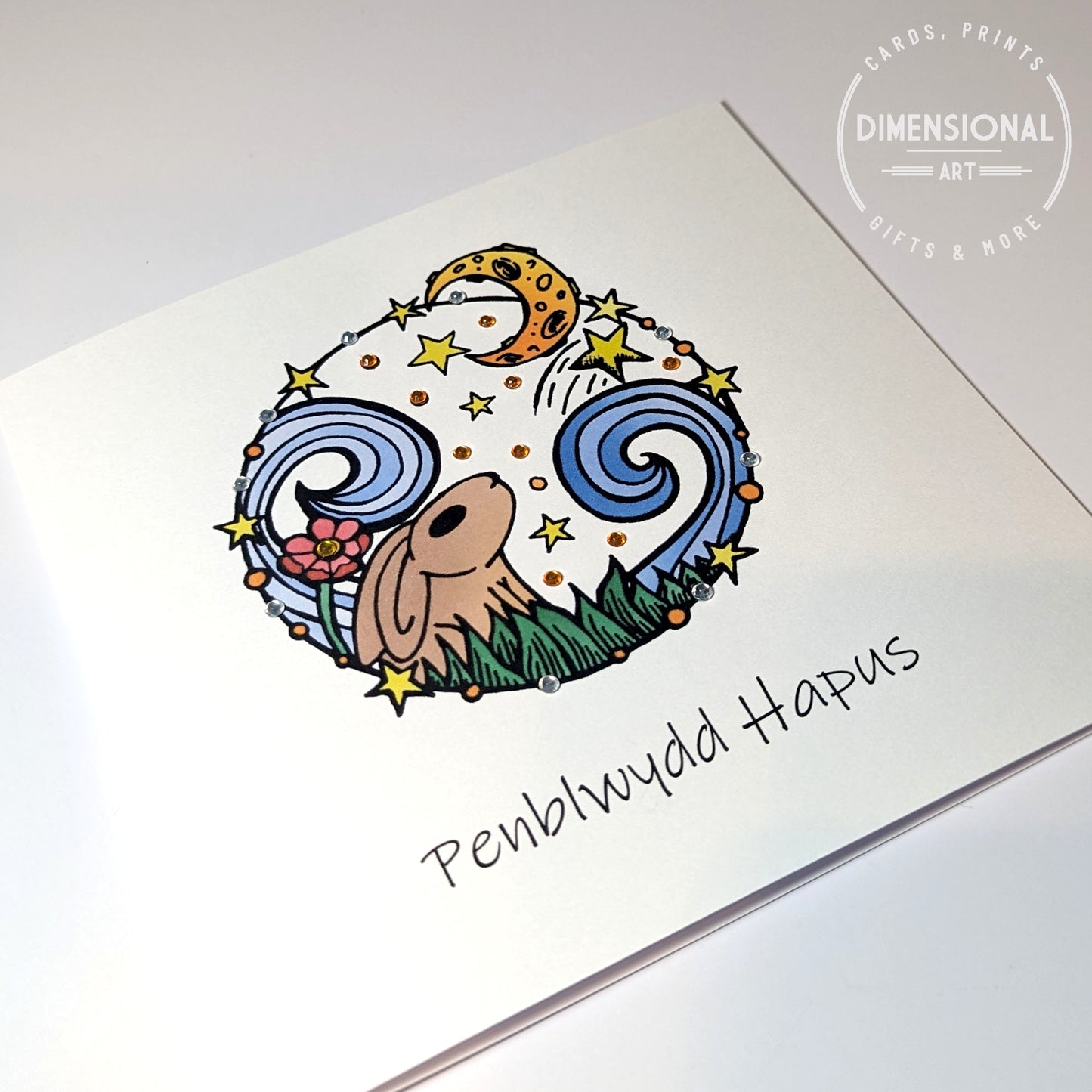 Circle Rabbit Moon Penblwydd Hapus Card - Welsh