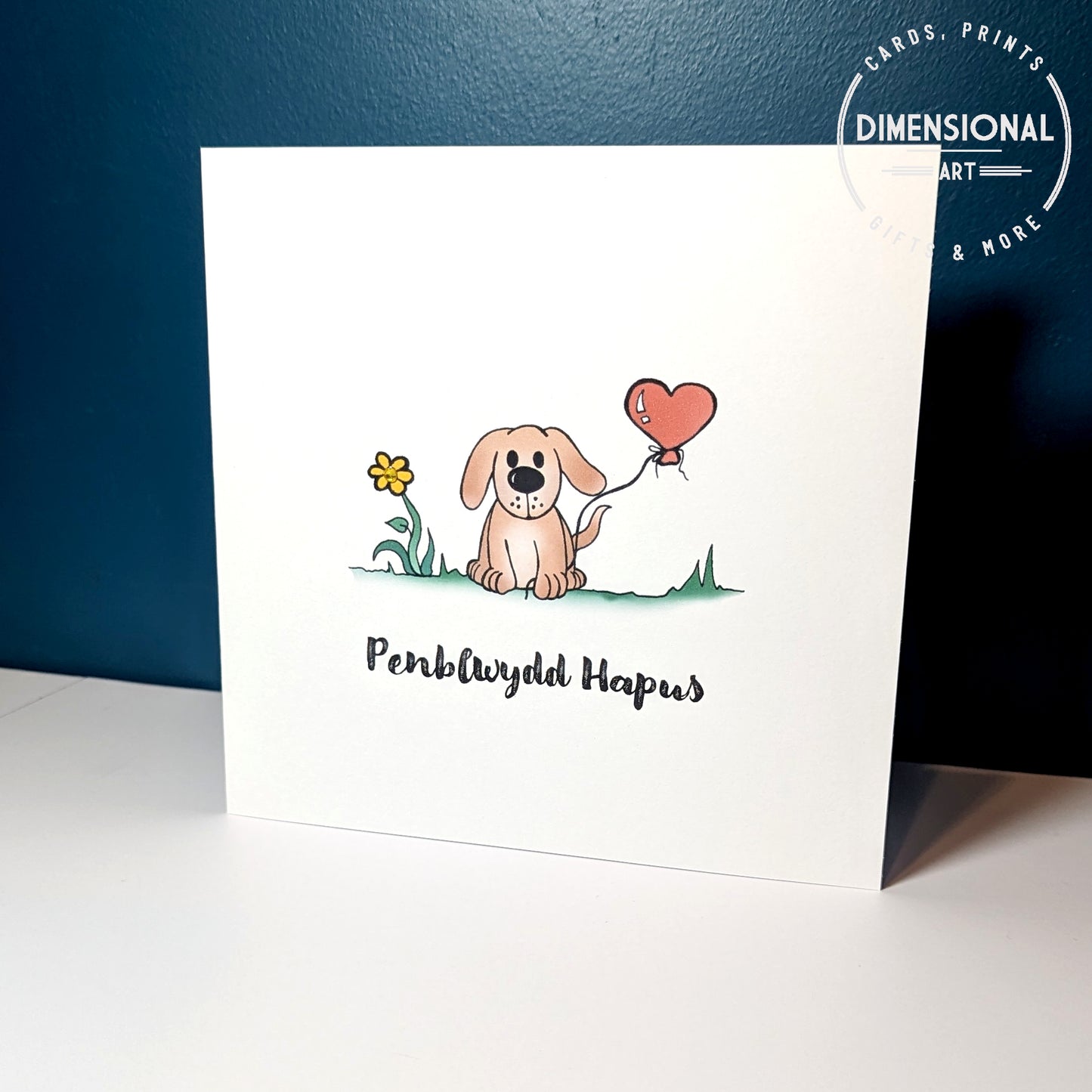 Dog heart balloon Penblwydd Hapus (Birthday Card) - Welsh Card