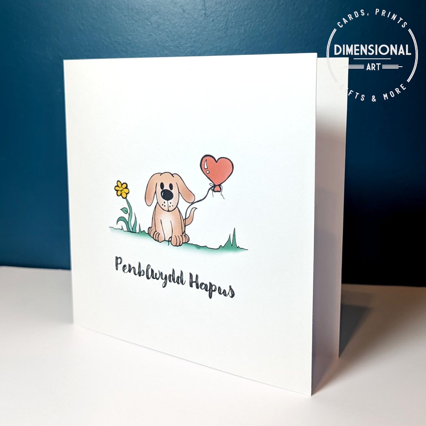 Dog heart balloon Penblwydd Hapus (Birthday Card) - Welsh Card
