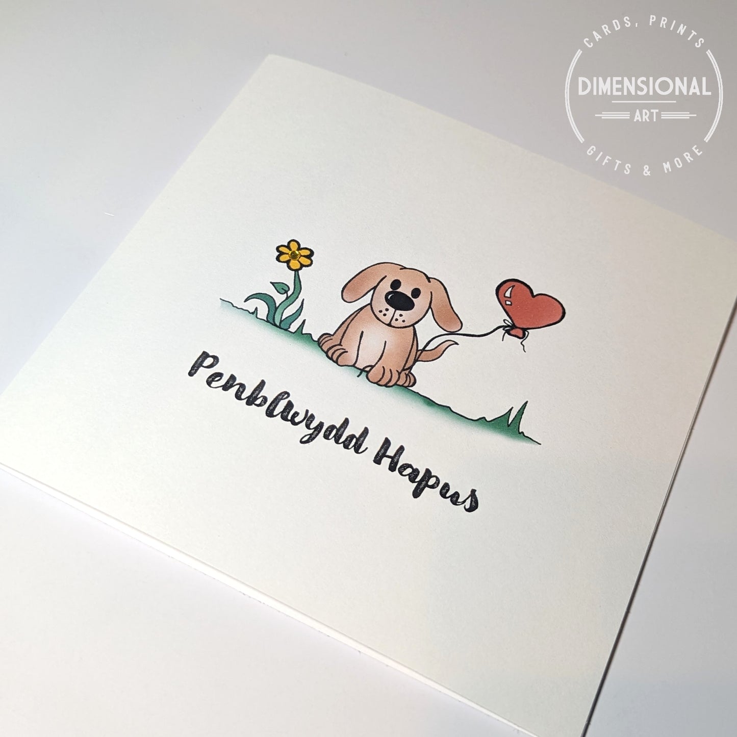 Dog heart balloon Penblwydd Hapus (Birthday Card) - Welsh Card