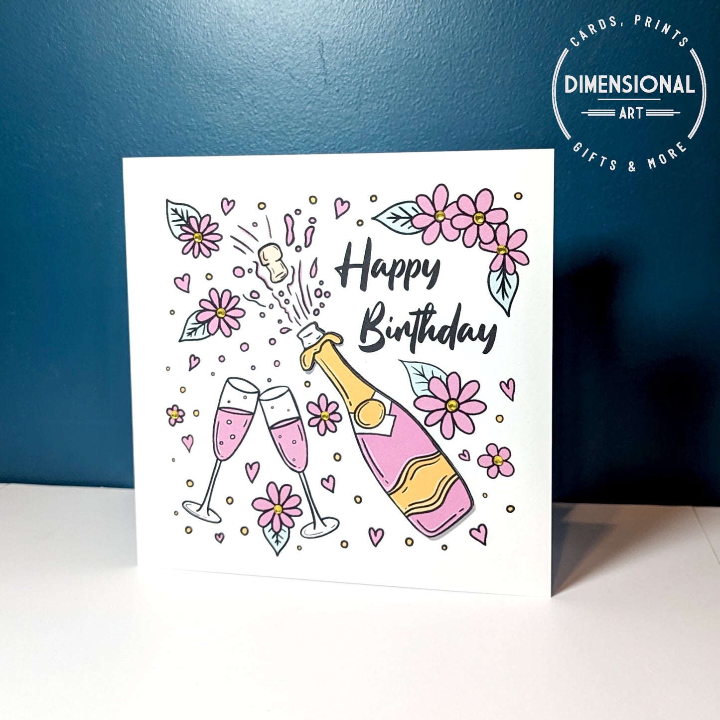 Pink Champagne and Flowers Birthday Card
